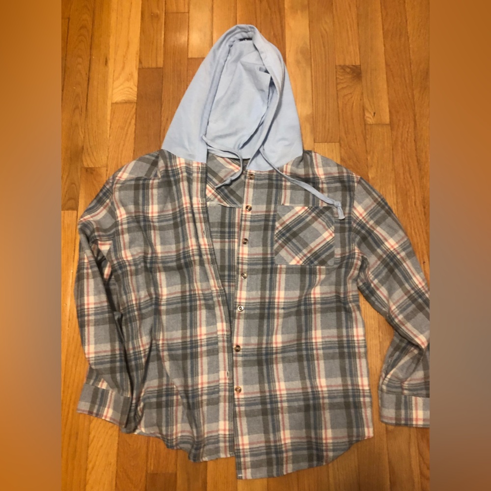 blue and pink flannel with hood